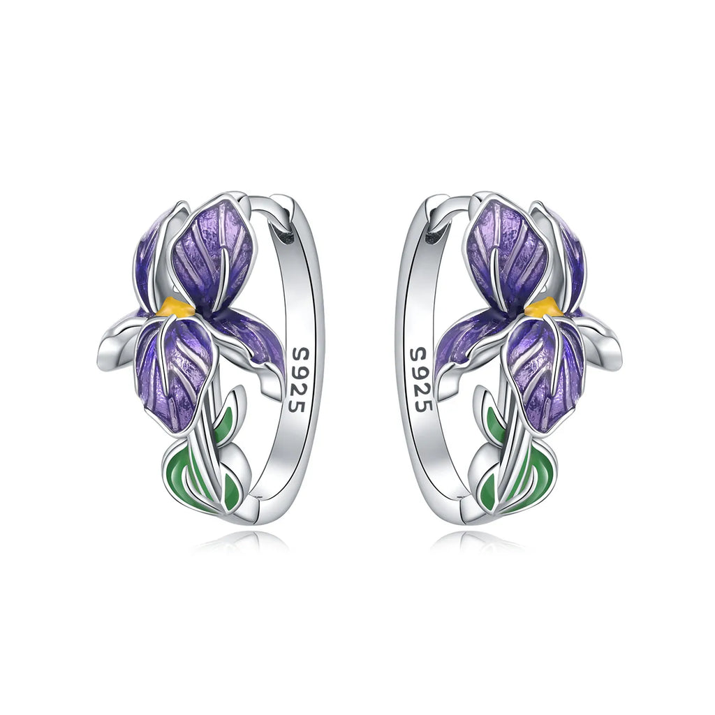 925 Sterling Silver Iris Flower Versatile Hoop Earrings Original Party Gift