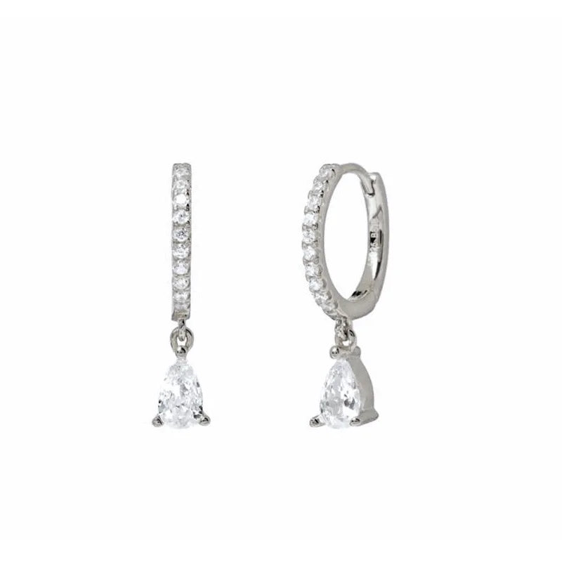 2PCS Stainless Steel Zirconia Small Hoop Earrings Water Drop Pendant