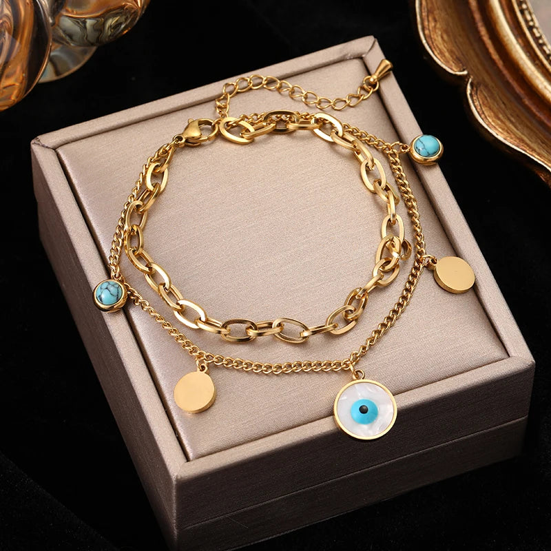 Gold Colour Multilayer Stainless Steel Charm Bracelet Men Women Bangle