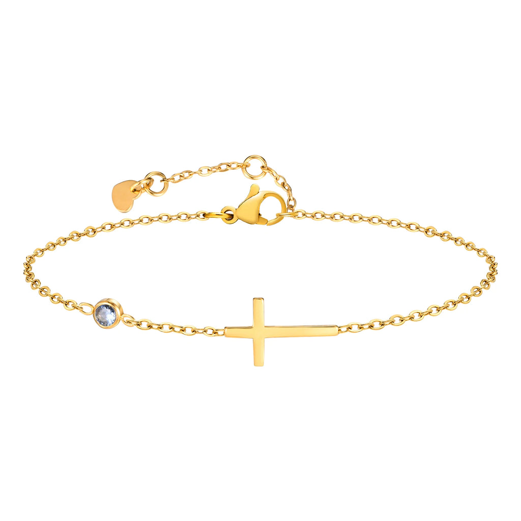 Birthstone Zirconia Thin Chain Link Cross Bracelet Stainless Steel Women's Adjustable Link Stacked Layered Chain Bracelets