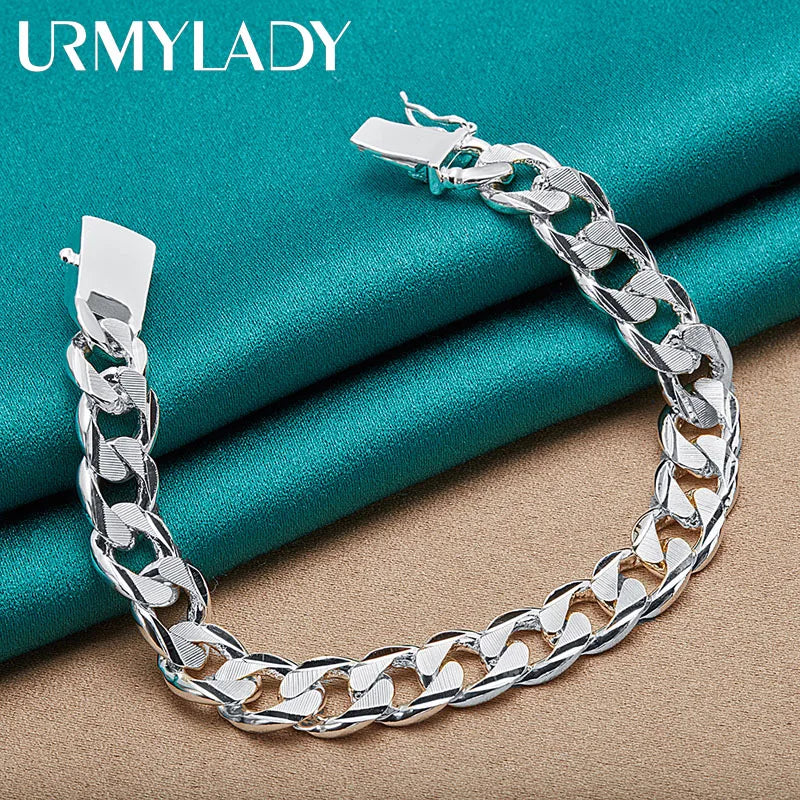 10mm Side Chain Bracelet 925 Sterling Silver Men Women Wedding Charm Gift