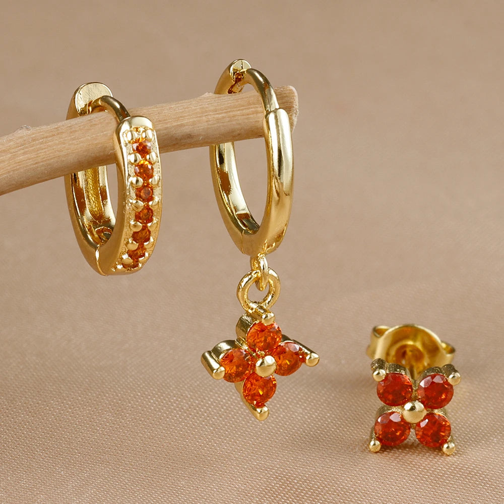 3PCS Gold Colour Crystal Zirconia Drop Earrings Flower Dangle Set