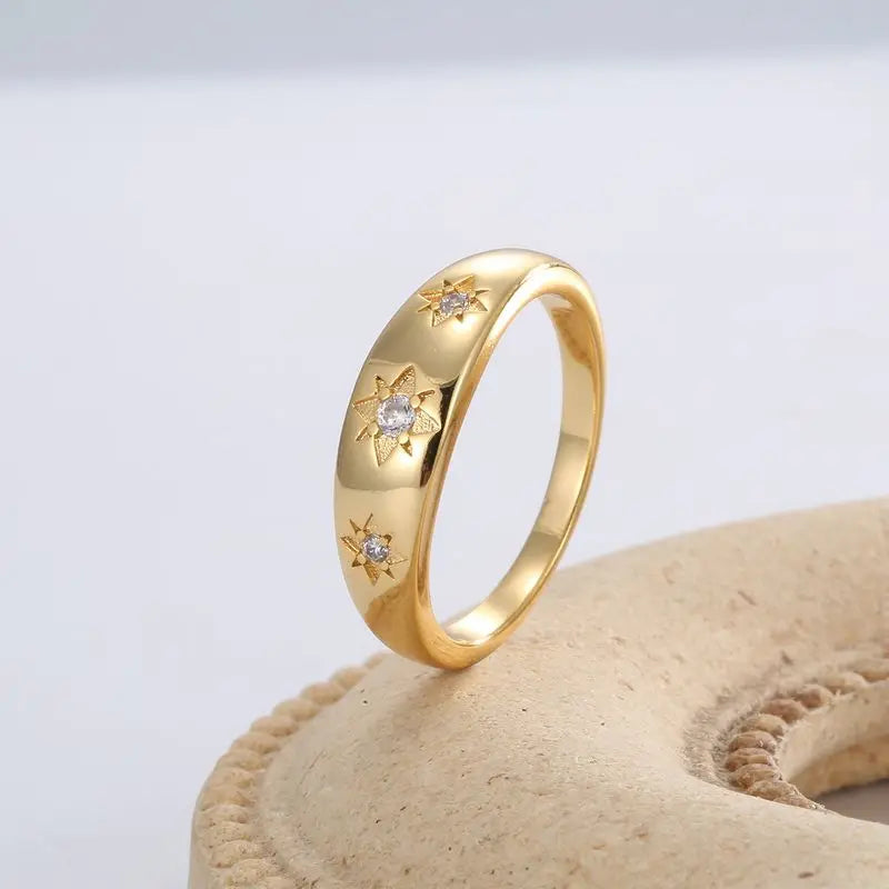 925 Sterling Silver Star Chunky Ring Vintage Trendy Zirconia Stacking Punk Accessory