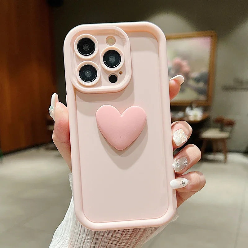 3D Love Heart Pink Matte Case for iPhone 17 16 15 14 13 12 11 Pro Max Plus
