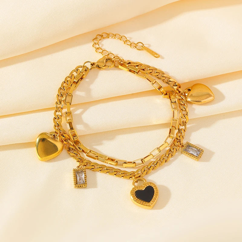 Reversible Heart Stainless Steel Charm Bracelet 18K Gold Plated Waterproof