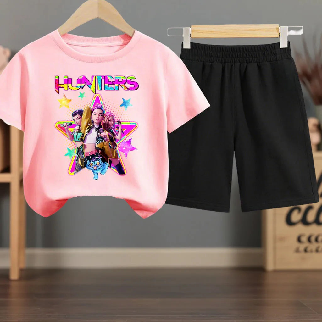 K-pop Girls Summer Casual T-Shirt and Shorts 2-Piece Fashion Outfit