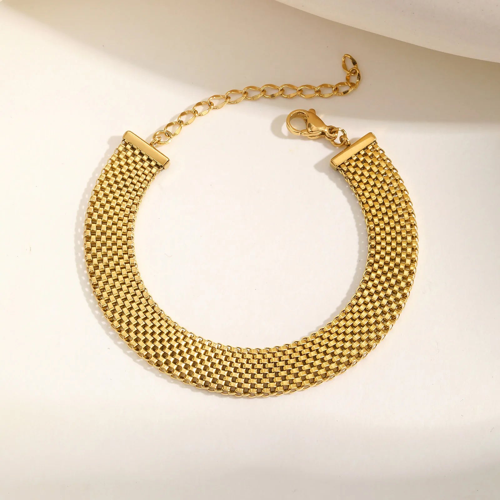 Stainless Steel Chain Women Bracelet, Wide Brand Mesh Link Adjustable Wristband, 18k PVD Gold Plated Vintage Jewelry