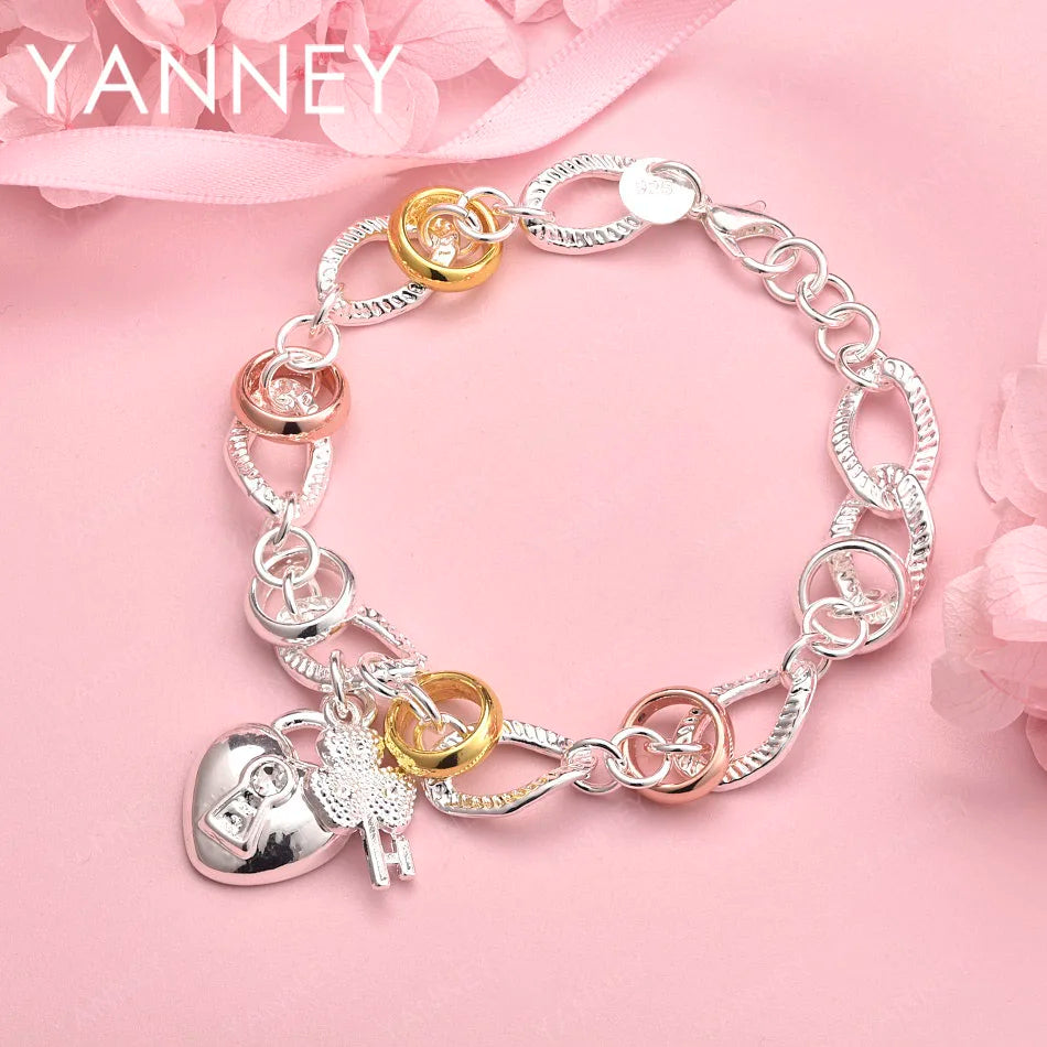 925 Sterling Silver 8-inch Heart Four-Leaf Clover Bracelet Women Party Gift