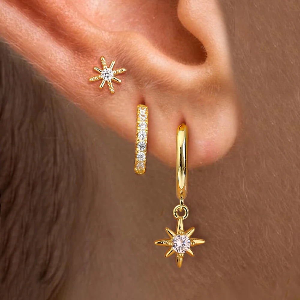 3PCS Korean Stainless Steel Butterfly Crystal Zirconia Hoop Earrings