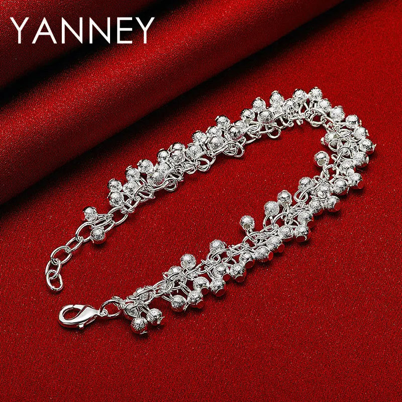 925 Sterling Silver 8-inch Frosted Beaded Bracelet Women Wedding Jewellery