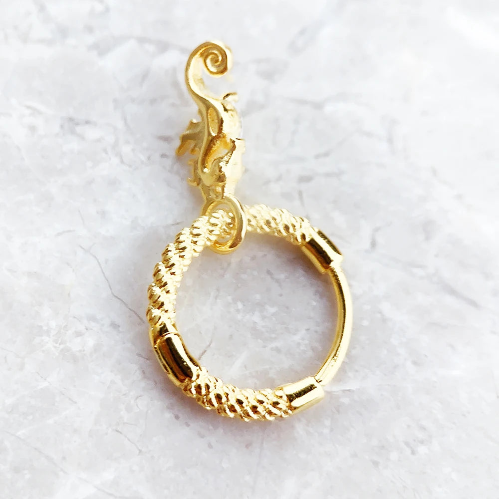 Seahorse Gold Creole Hinged Hoop Earrings Solid 925 Sterling Silver