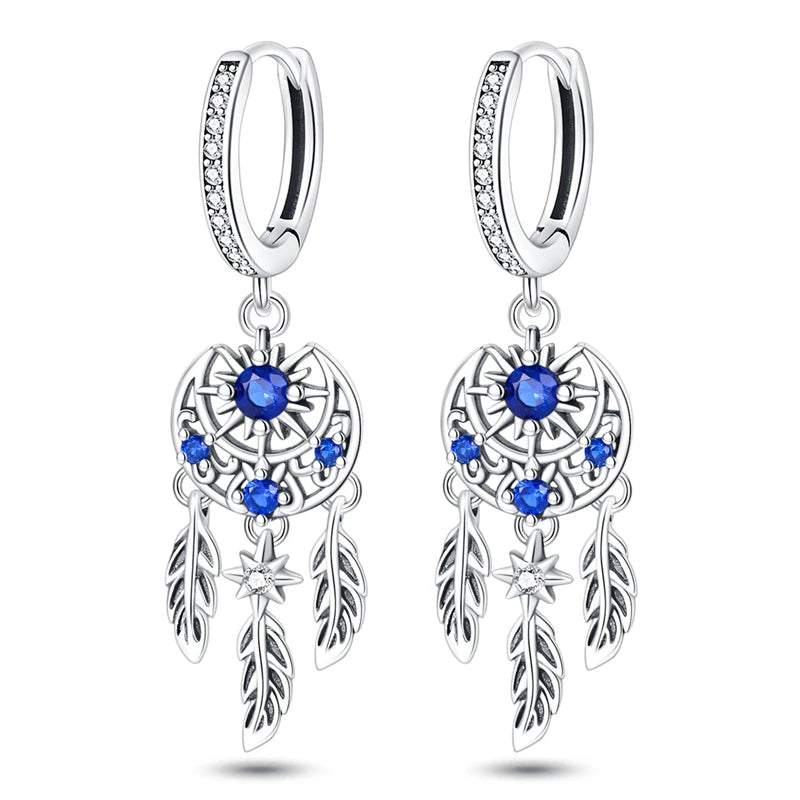 925 Sterling Silver Dreamcatcher Feather Ear Studs Hoop Earrings Jewellery Gift