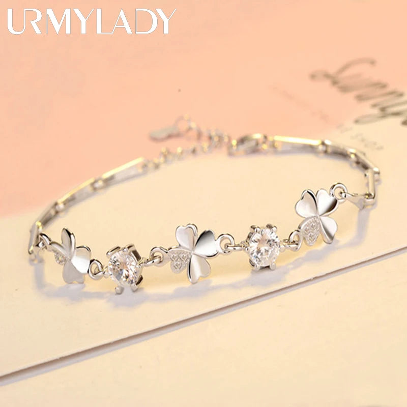 Zircon Lucky Clover Bracelet 925 Sterling Silver Crystals Wedding Jewellery