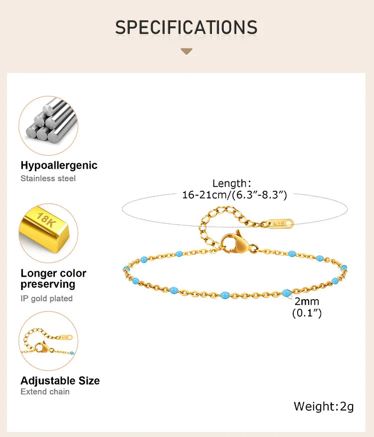 Stainless Steel Chain Bracelet for Women, Colorful Beads Summer 18k Gold Plated, Stainless Steel Waterproof Wrist Jewelry