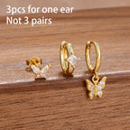 3PCS Korean Stainless Steel Butterfly Crystal Zirconia Hoop Earrings