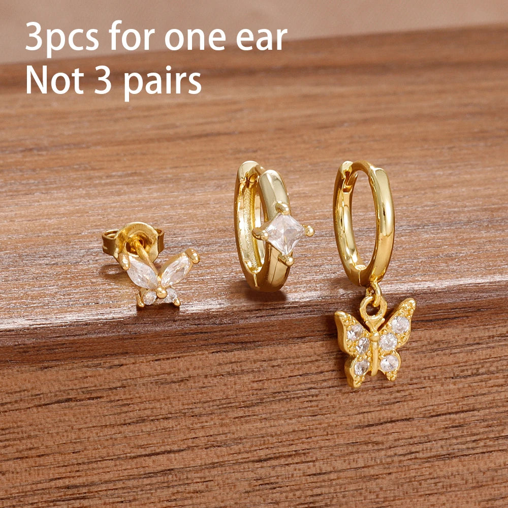 3PCS Korean Stainless Steel Butterfly Crystal Zirconia Hoop Earrings