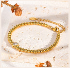 Zirconia Heart Bracelet for Women, Beaded Strand Link Bangle Gold Plated, Stainless Steel Adjustable Bracelets