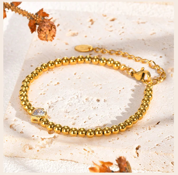 Zirconia Heart Bracelet for Women, Beaded Strand Link Bangle Gold Plated, Stainless Steel Adjustable Bracelets