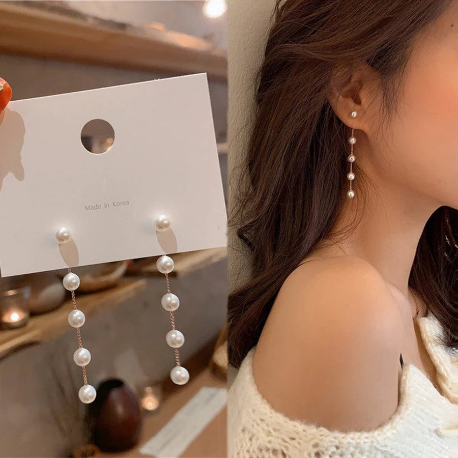 Korean Vintage Glossy Arc Bar Long Tassel Drop Earrings Gold Colour