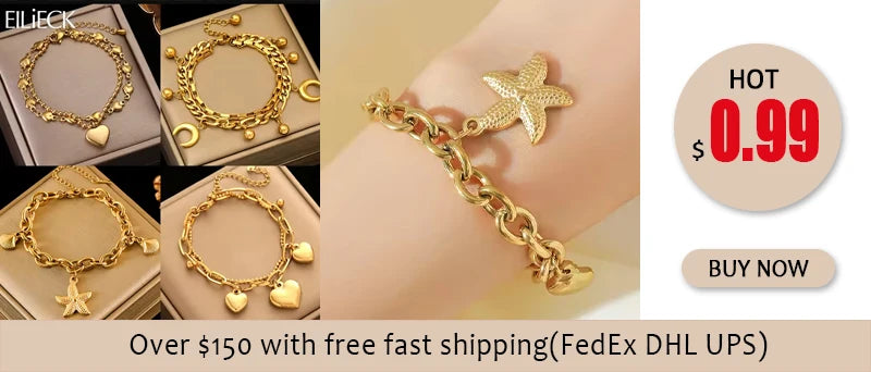 Gold Colour Starfish Moon Star Stainless Steel Charm Bracelet Trendy