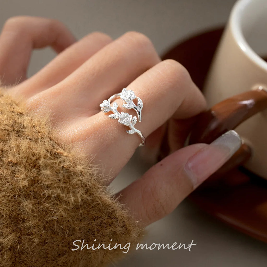 925 Sterling Silver Roses Branch Adjustable Ring Engagement Wedding Female Luxury Accessory