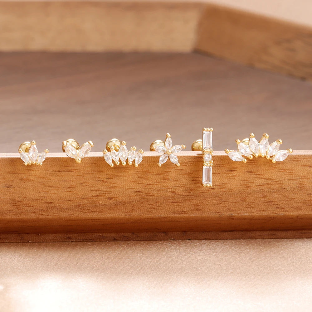 6 Pieces Flower Crown Stainless Steel Zircon Small Stud Earrings