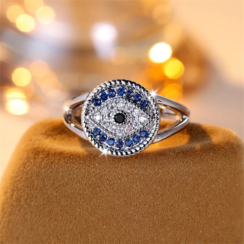 Two Tone Blue White Zircon Single Eye Rings For Women Silver Color Vintage Wedding Bands Promise Engagement Party Jewelry Gifts