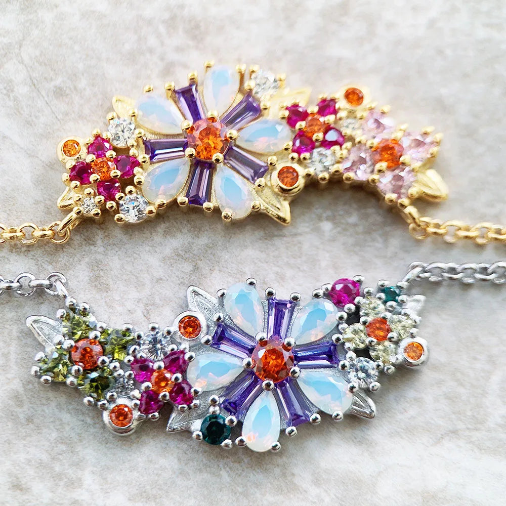 Flowers Colourful Stones Necklace Link Chain 925 Sterling Silver Jewellery