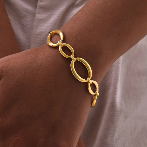 Stainless Steel Oval Fancy Link Chain Bracelets For Women, Chunky Thick Geometric Bangle Hypoallergenic Jewelry