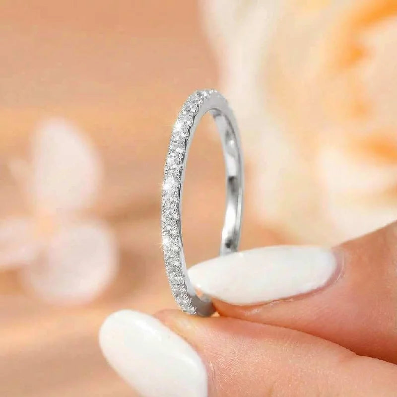 925 Sterling Silver 2mm Fashion Simplicity Half Full Zircon Stackable Plain Ring Daily Fine Jewellery