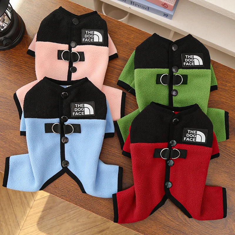 Winter Pet Clothes Leash Hook Fleece Dog Cat Pajamas Warm Cold Weather Walk