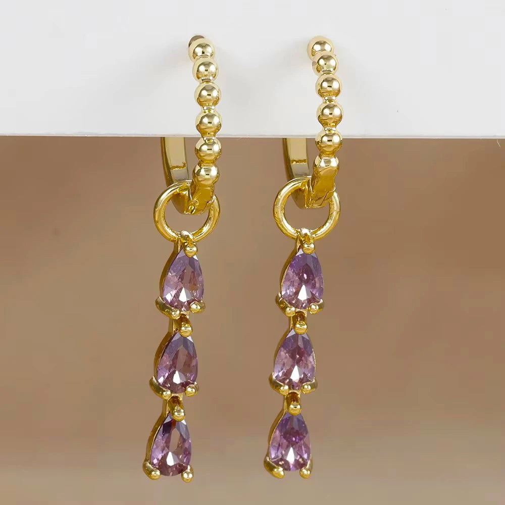 2PCS Stainless Steel Multicolor Zircon Geometry Drop Earrings