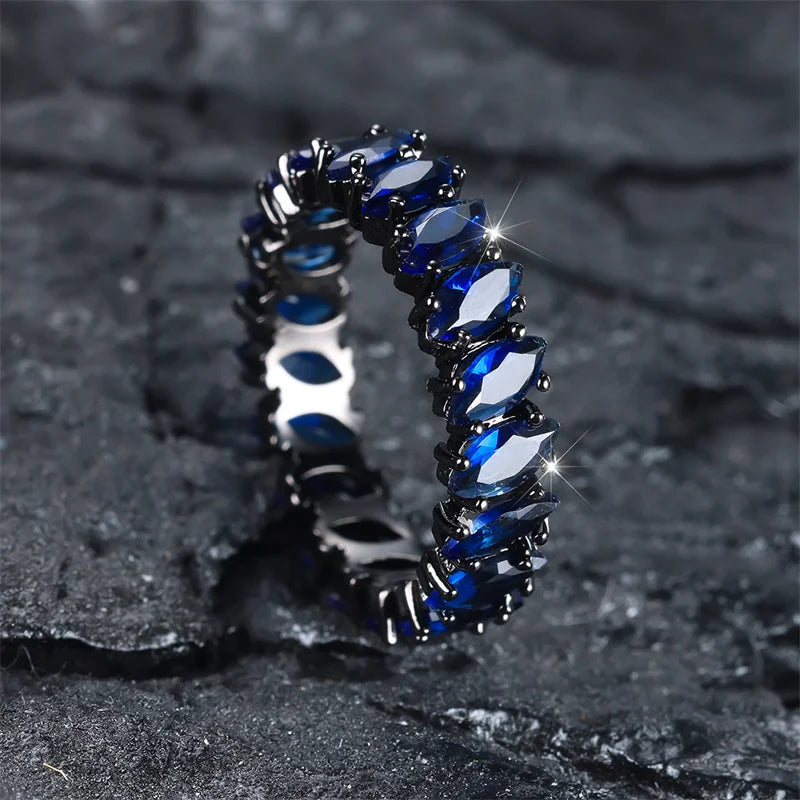 Bohemian Royal Blue Stone Leaf Rings For Women Silver Rose Gold Color Horse Eye Zircon Wedding Bands Birthday Party Jewelry Gift