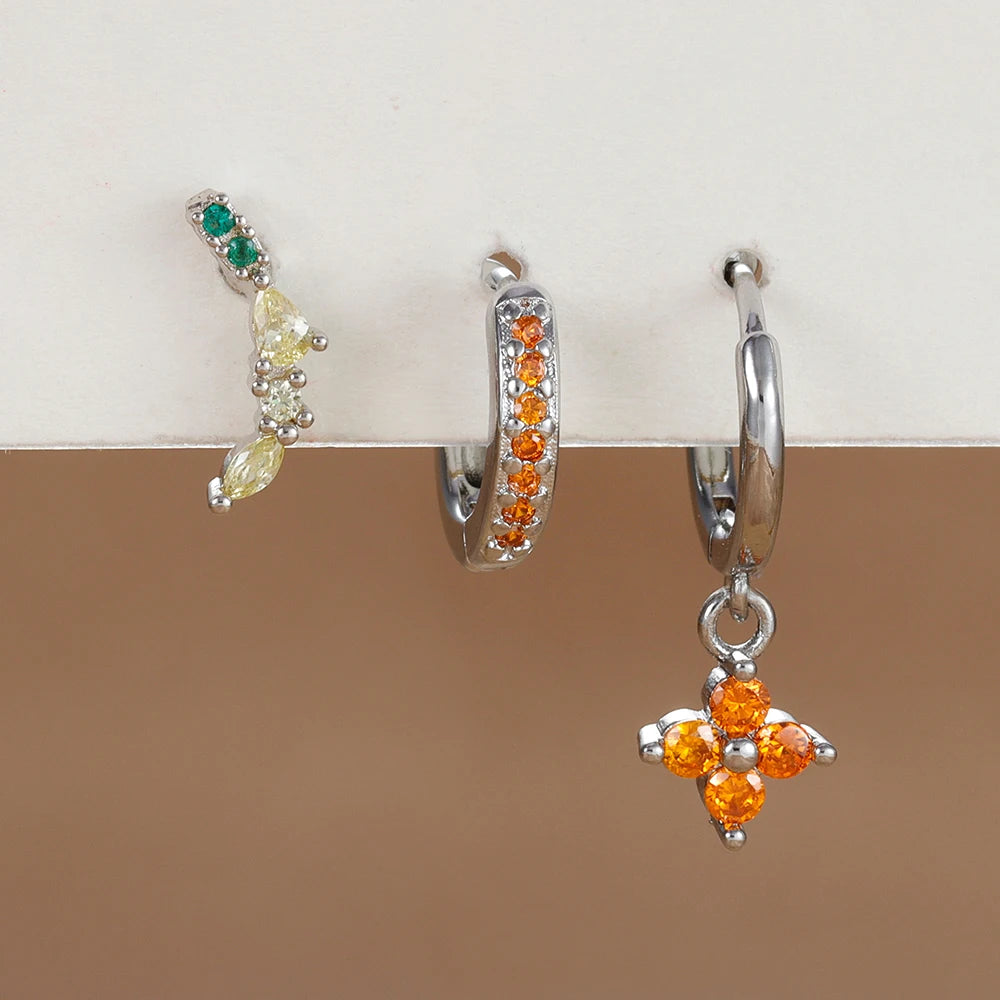 3PCS Stainless Steel Orange Zirconia Flower Pendant Hanging Earrings Set
