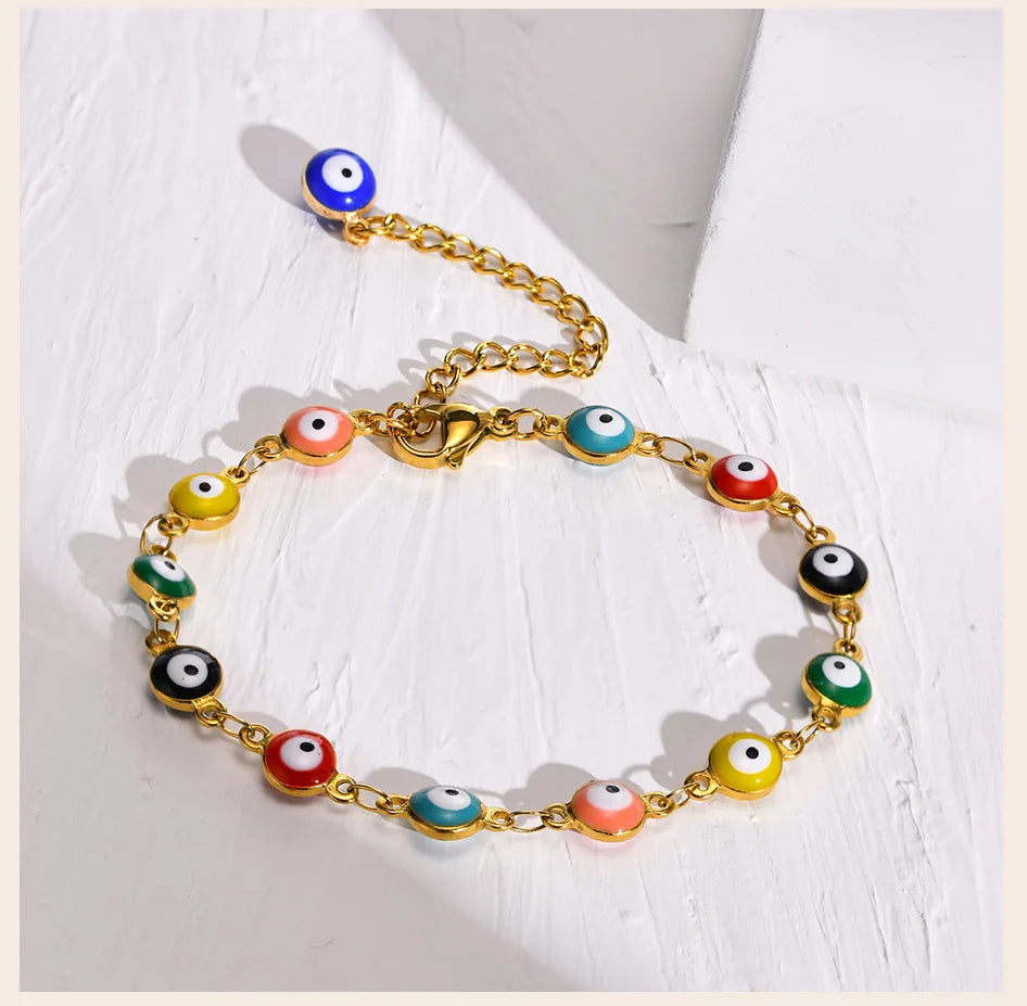 Evil Eye Bracelet,stainless Steel Chain Blue Eye Bracelet Stackable Adjustable Link, Protection Amulet Jewelry