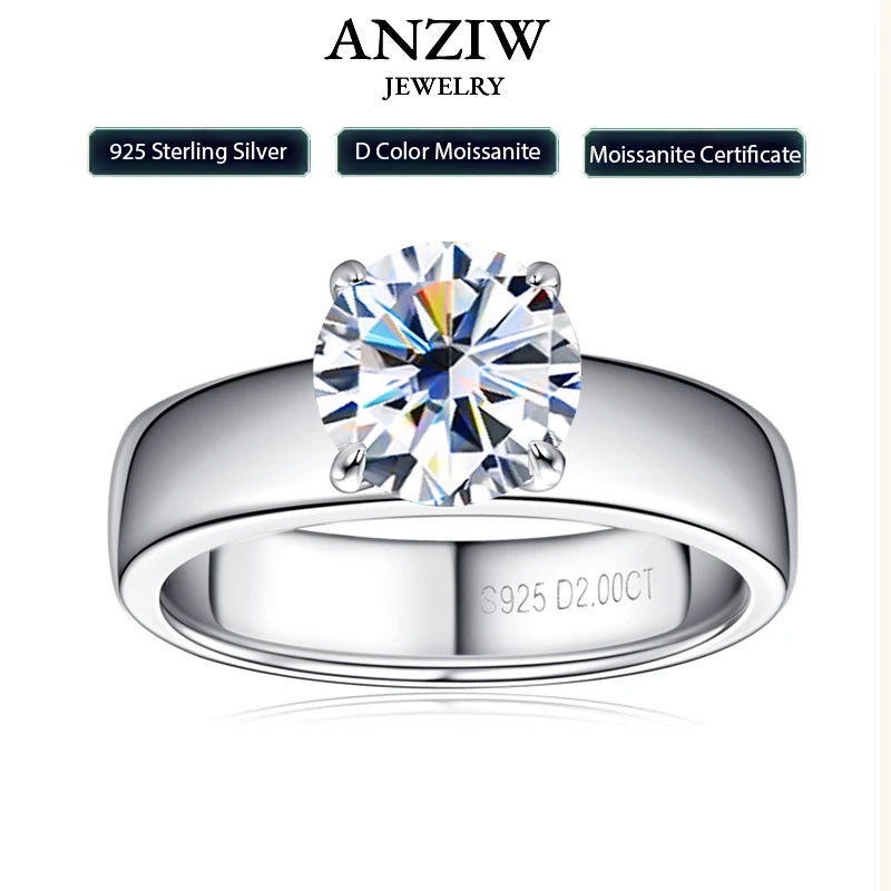 2 Carat Moissanite Solitaire Wedding Engagement Ring 100% 925 Silver Certified