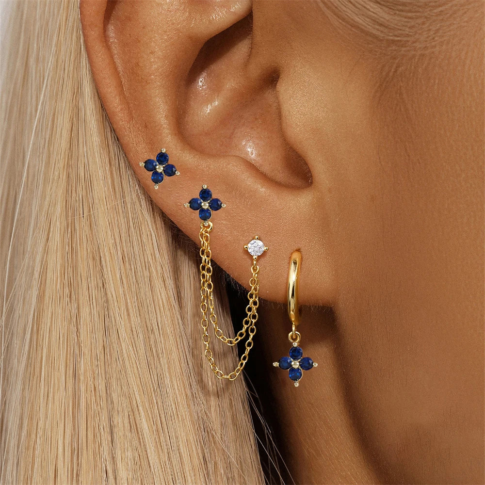 Exquisite Green Zircon Flower Hoop Earrings 18K Gold Plated Steel