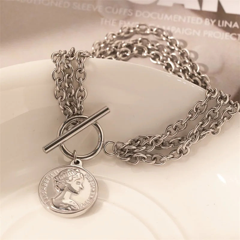 Stainless Steel Coins Heart Charm Bracelet Gold Silver Colour Wrist Chain