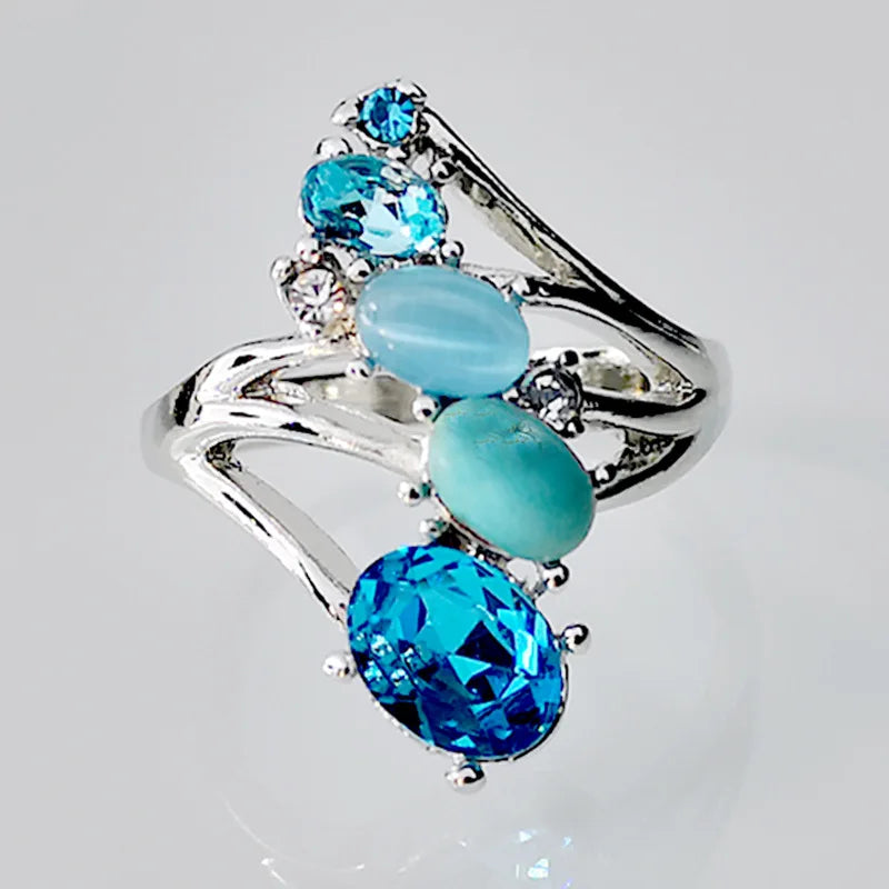 Classic Female Turquoise Oval Rings Charm Silver Color Engagement Ring Vintage Aqua Blue Zircon Stone Wedding Jewelry For Women