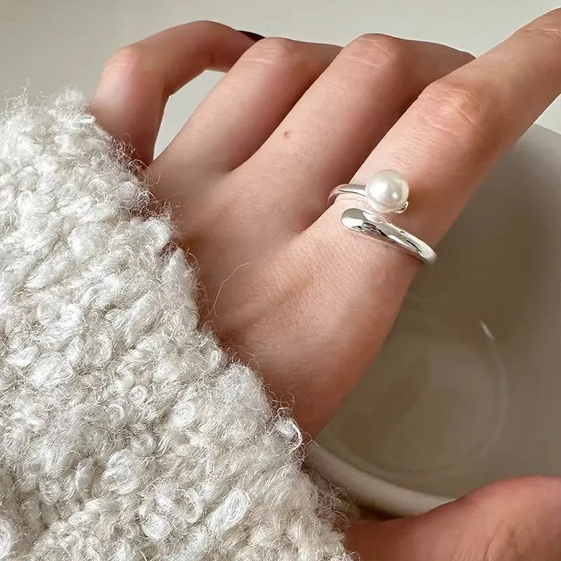 925 Sterling Silver Simple Overlapping Pearl Ring Wedding Vintage Luxury Jewellery