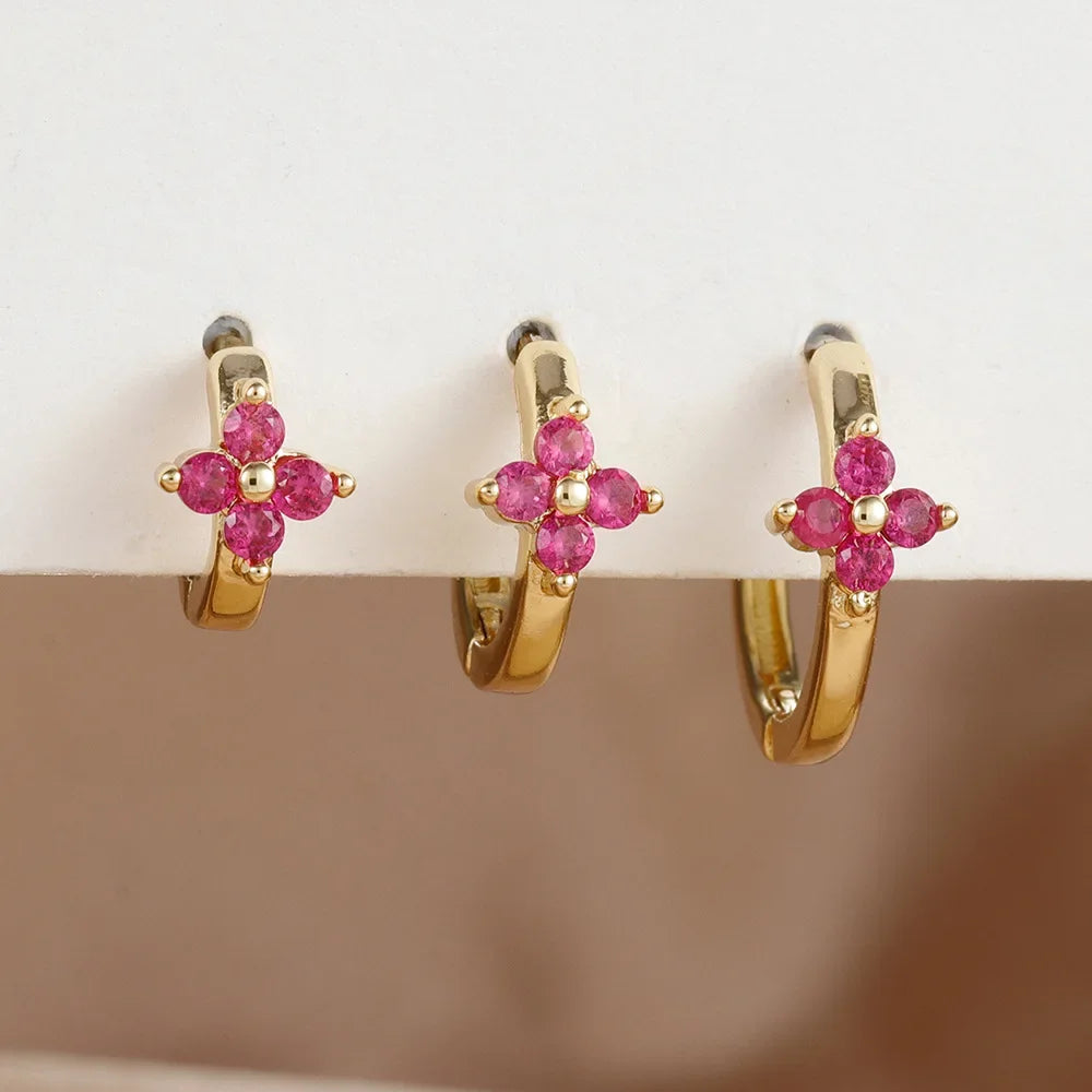 3PCS Simple Flower Zircon Hoop Earrings 18K Gold Plated Steel