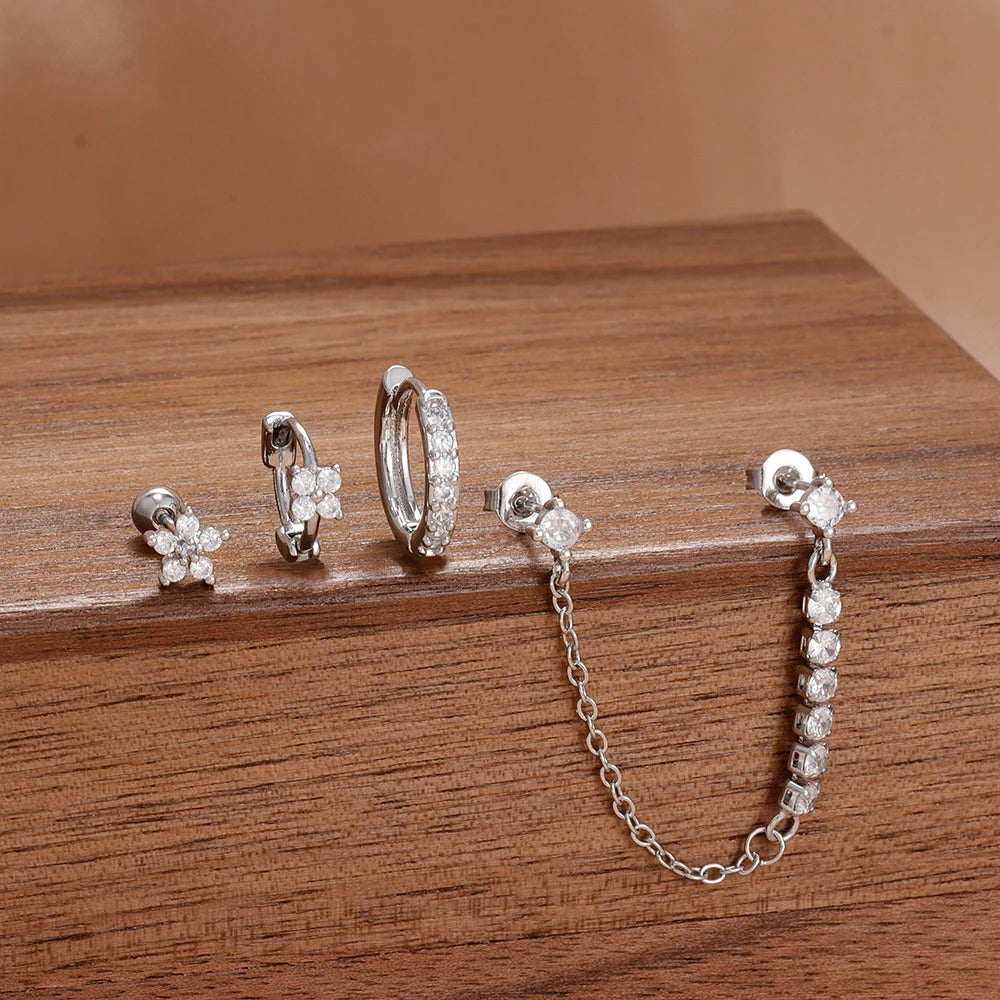 4PCS French Design Tassel Chain Pendant Hoop Earrings Set Zircon Stud