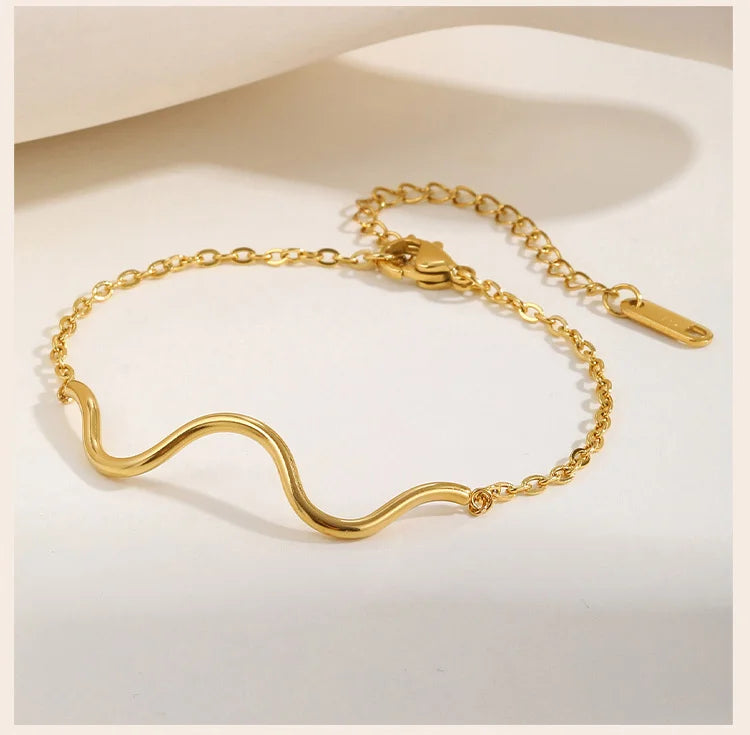 Waterproof Wave Bracelet for Women , Adjustable Stainless Steel  Chain Gold Plated, Beach Ocean Hypoallergenic Jewelry Gift