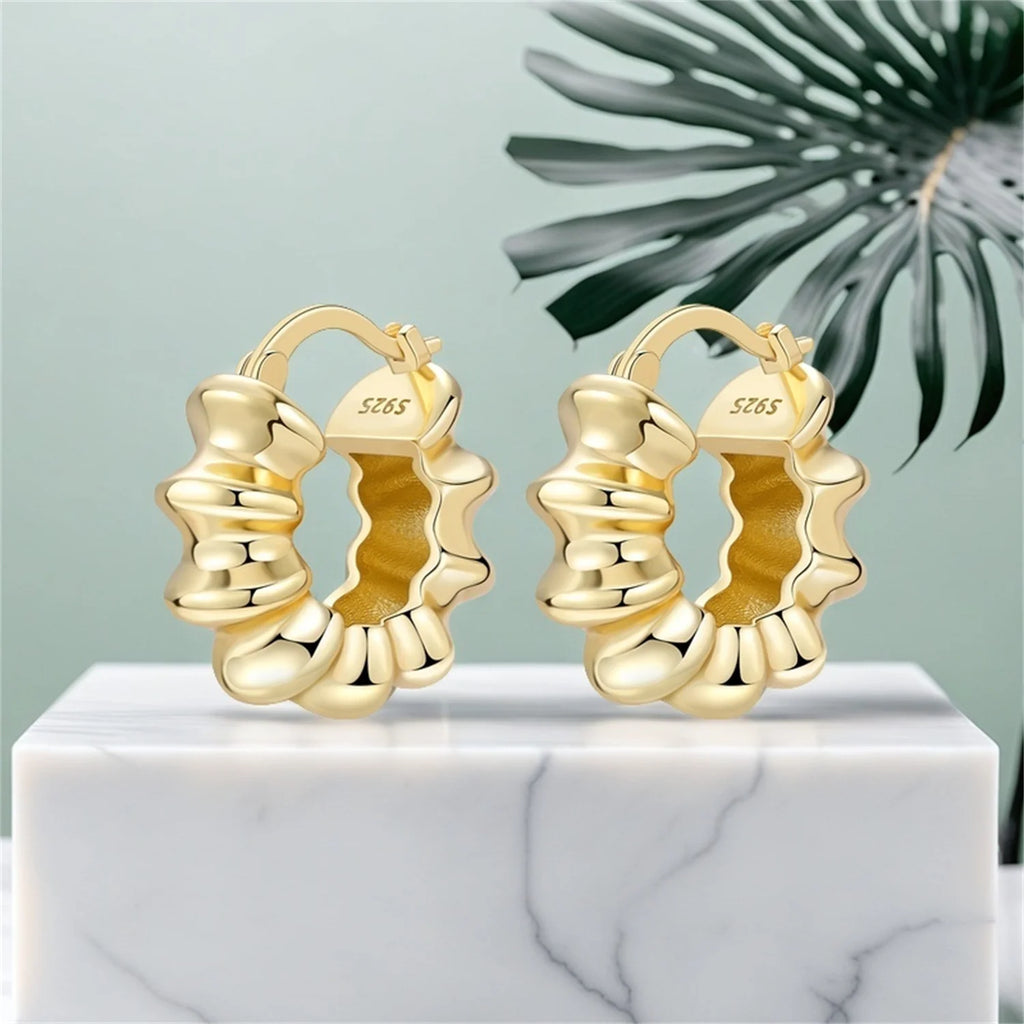 925 Sterling Silver Elegant Golden French Organ Hoop Earrings Trendy Jewellery