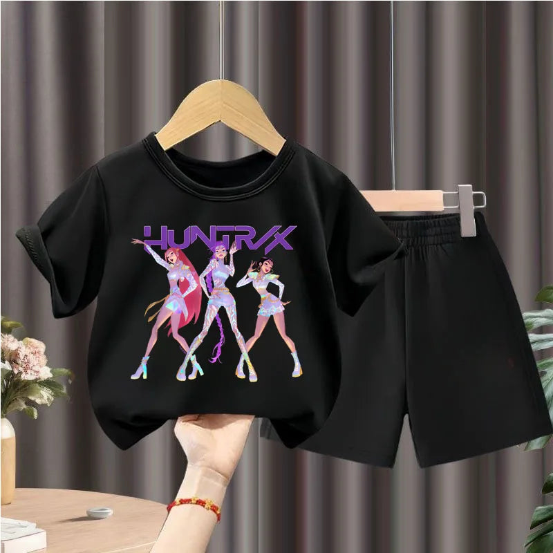 K-pop Girls Summer Casual T-Shirt and Shorts 2-Piece Fashion Outfit