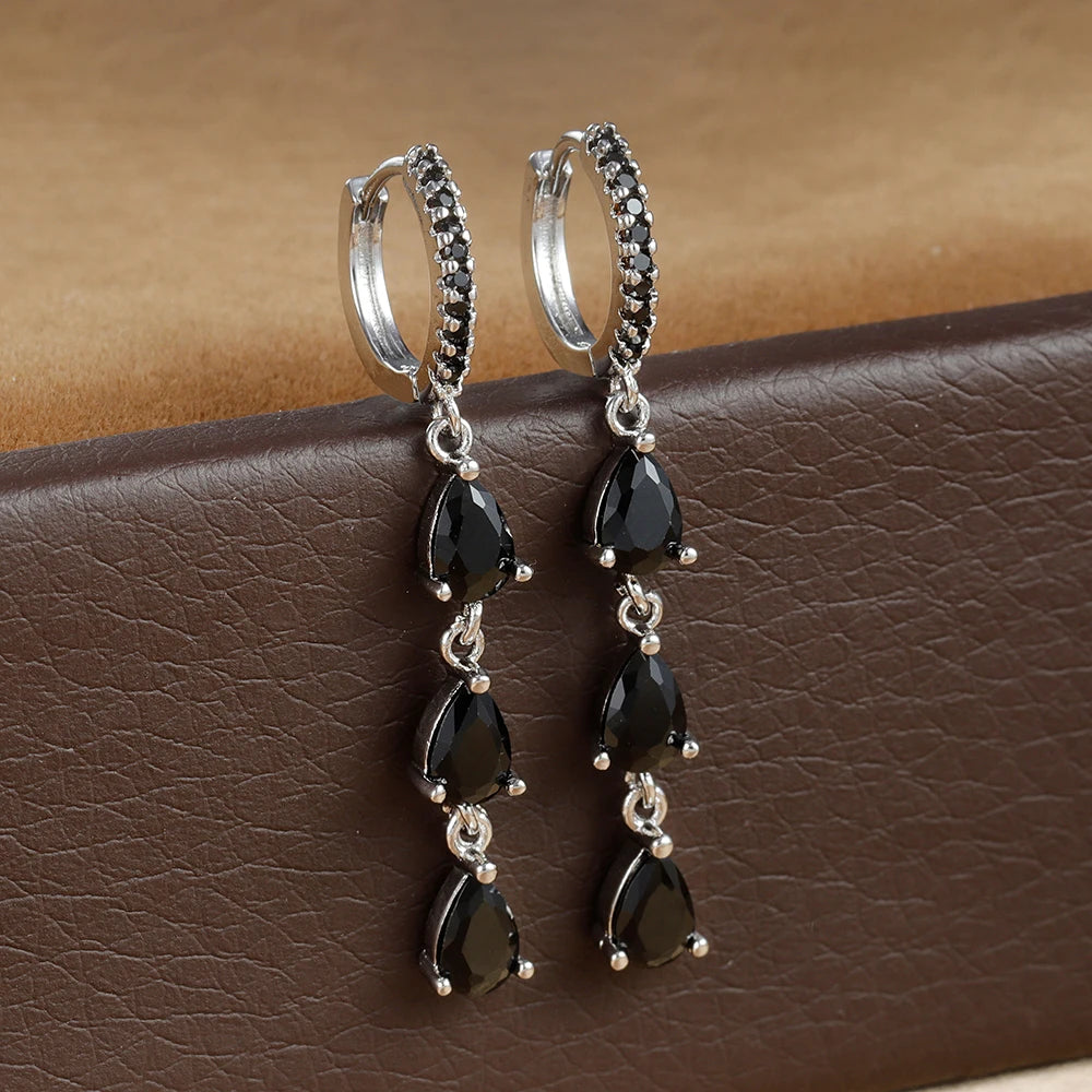 2PCS Luxury Stainless Steel Water Drop Pendant Earrings CZ Zircon