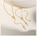 Catholic Cubic Zirconia Rosary Cross Beaded Link Bracelets, Oval Jesus Coss Jewelry, Religion Gold Plated Bracelet