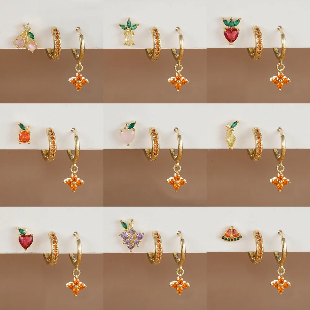 3PCS Stainless Steel Orange Zirconia Flower Pendant Hanging Earrings Set