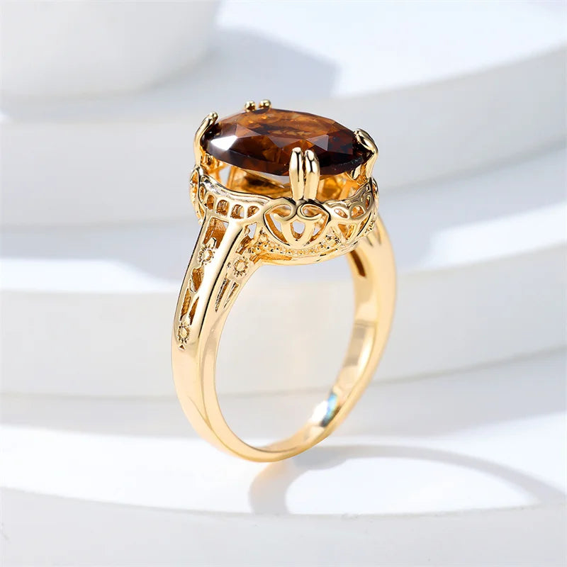 Retro Oval Cut Big White Brown Stone Rings For Women Men Gold Color Luxury Female Male Couple Ring Wedding Bands Party Jewelry