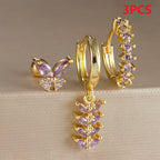3PCS Zircon Leaf Hoop Earrings Set Stainless Steel Butterfly Studs